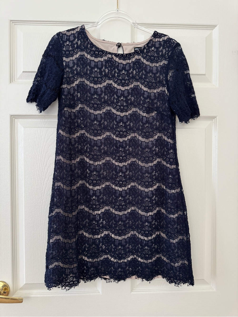 Navy Lace Short-Sleeve Shift Dress